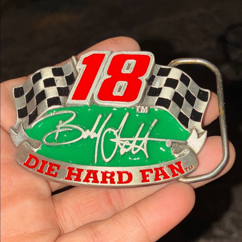 Nascar Green car and Red Die Hard Fan Belt Buckle